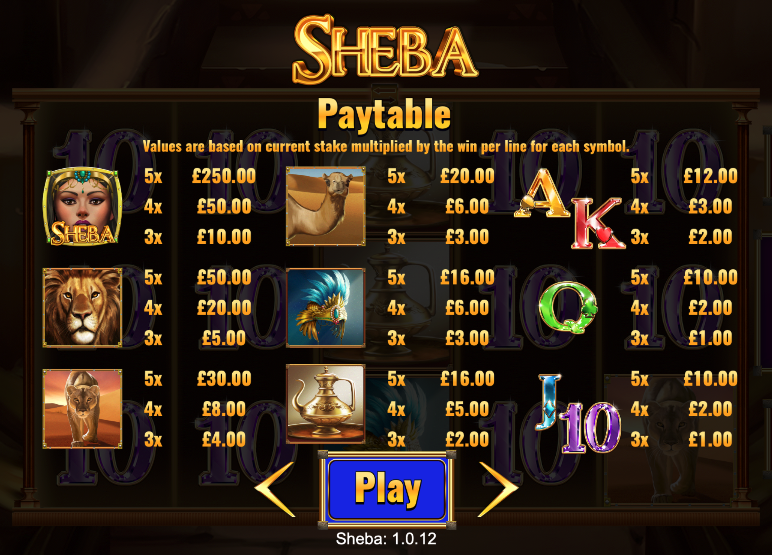 Sheba paytable